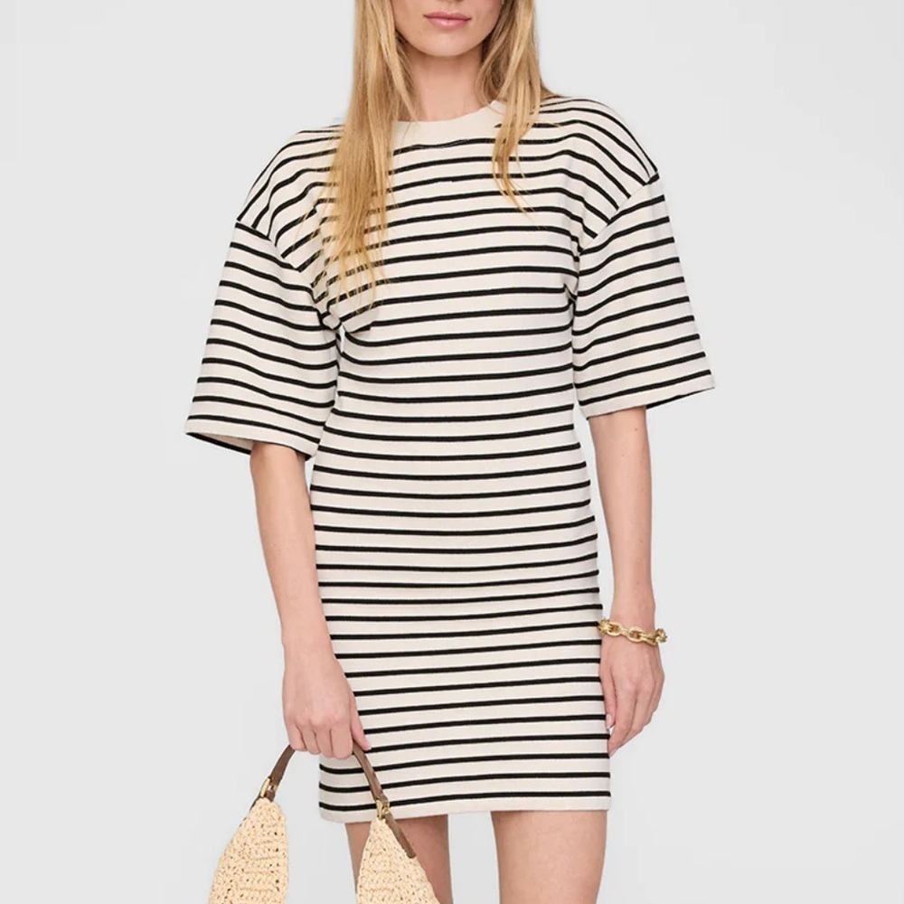 NWT! Anine Bing MONA DRESS - Black Stripe French Terry Dress with Shoulder Pads